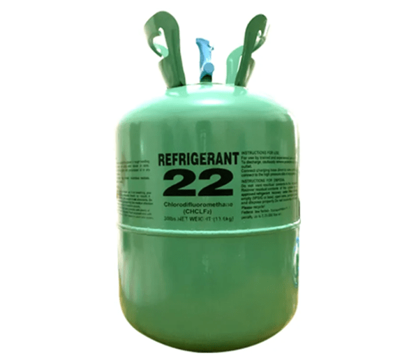R22 refrigerant stored in a green steel tank
